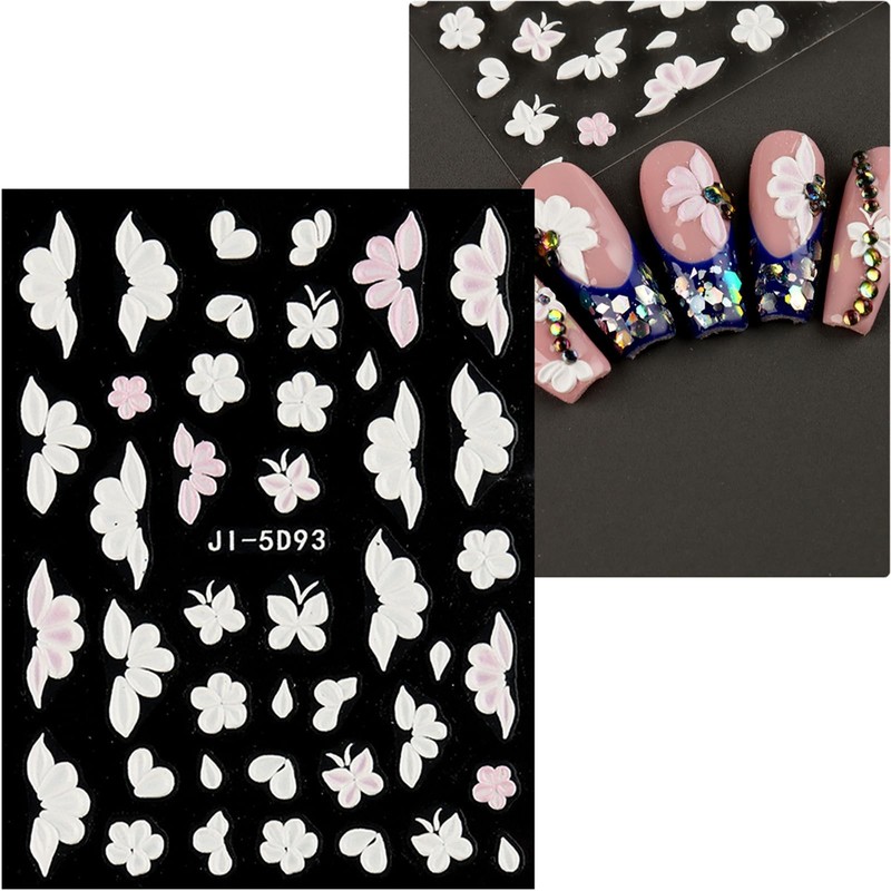JMEOWIO 6 Sheets 3D Embossed Flower Butterfly Nail Art Stickers Decals White gallery