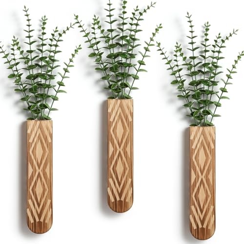 3 Pack Wood Wall Planter, Boho Wall Vase for Hallway Decor and Log Color-a