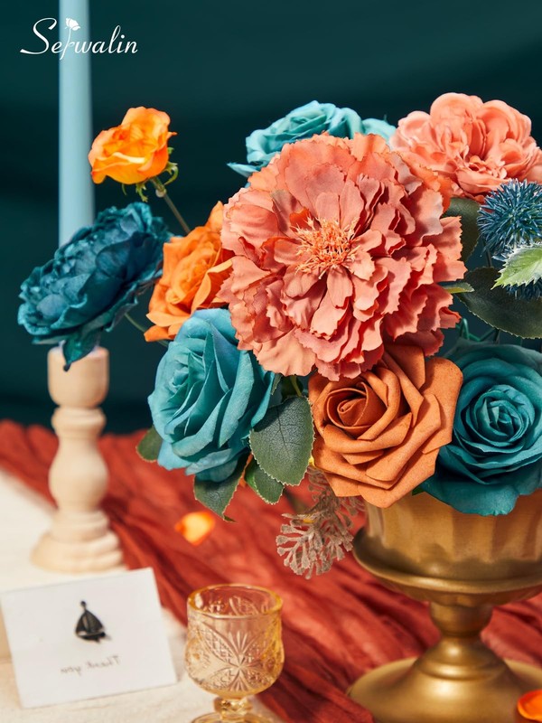Serwalin Artificial Flowers Teal Burnt Orange Silk Floral Centerpieces Fake gallery