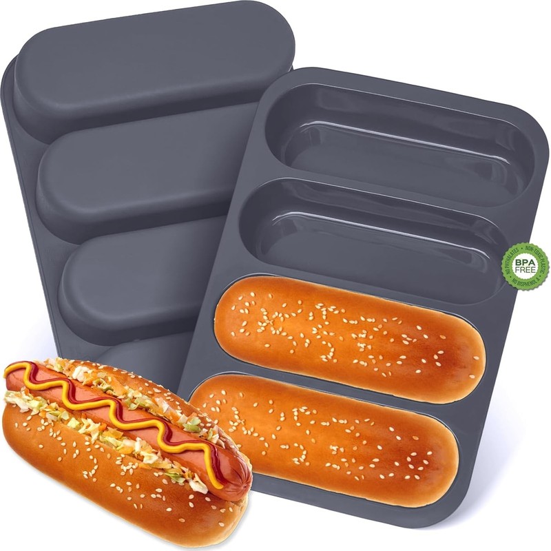 Silicone Hotdog Bun Pan, 6 Inch Standard Hot dog Bun Mold, 4 Cup Non-stick