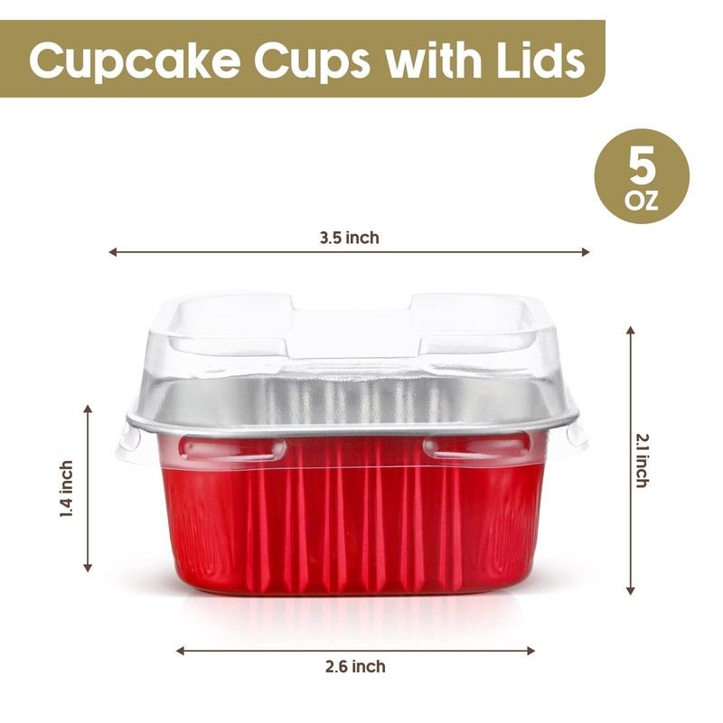 100 Pcs Mini Square Red Baking Cups with Lids 5oz Aluminum Foil Mini Cake Pan... gallery