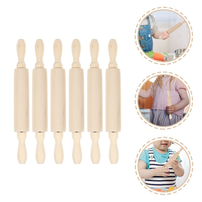 6Pcs Reusable Wooden Rolling Pole Toy Baby Kitchen Rolling Pin Light Yellow
