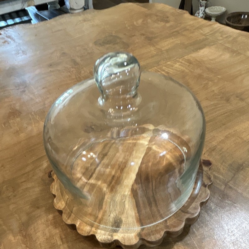 Round Wood cheese Stand w/ Glass Dome Cloche Lid, Rustic Wood Grain 6in gallery