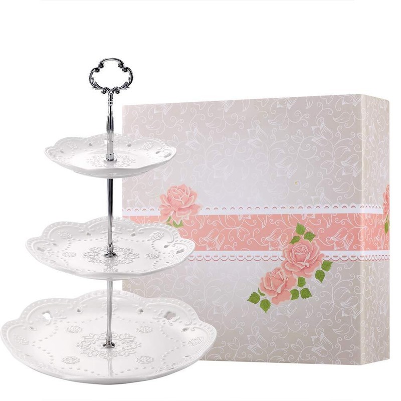 3tier Porcelain Cupcake Stand Serving Tray White Embossed Elegant Dessert Cake