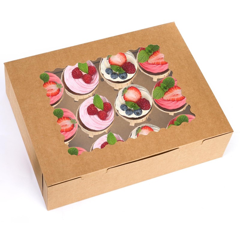 Brown Cupcake Boxes with Window and Insert 12 Count Bakery Pastry 20 Pack