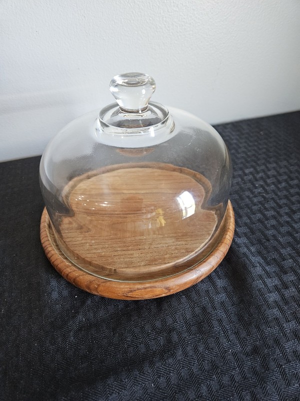 Vintage Goodwood Genuine Teak Wood Plate Covered Glass Cheese Dome Cake