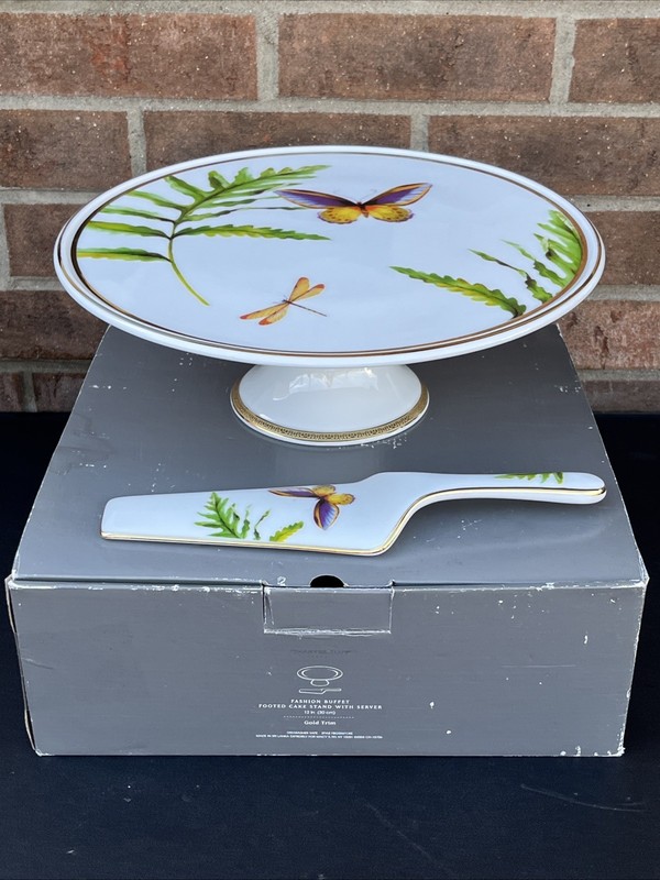 CHARTER CLUB GRAND BUFFET Porcelain Butterfly/Dragonfly Gold Rim Cake Stand Set