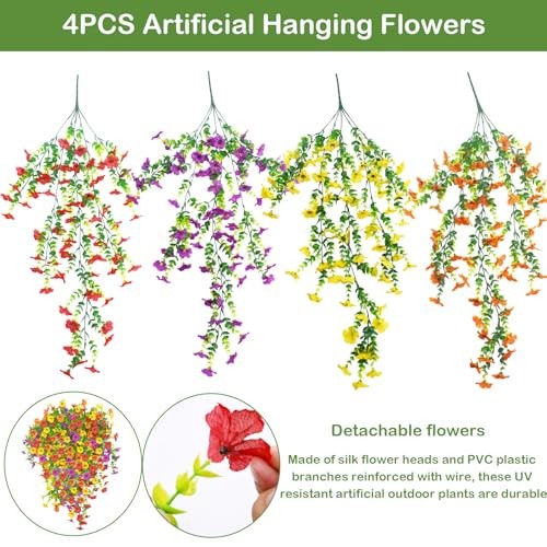Artificial Hanging Flowers for Outdoors, 4 Pcs Fake Hanging Plant Mixed Color gallery