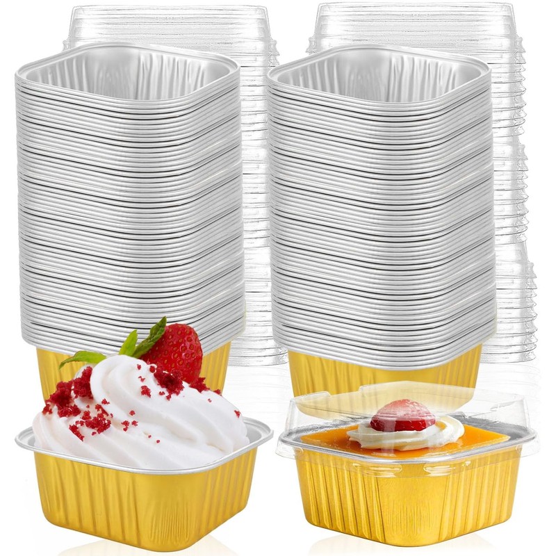 100 Pcs Mini Cake Pans with Lids,5oz Square Aluminum Foil Baking Cups with Li…