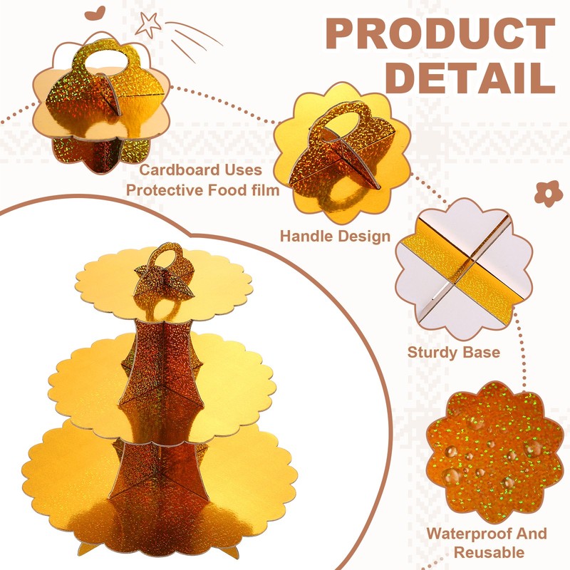 3-Tier Cupcake Stand, Cardboard Cake Stand Dessert Table Displays, Laser Gold gallery