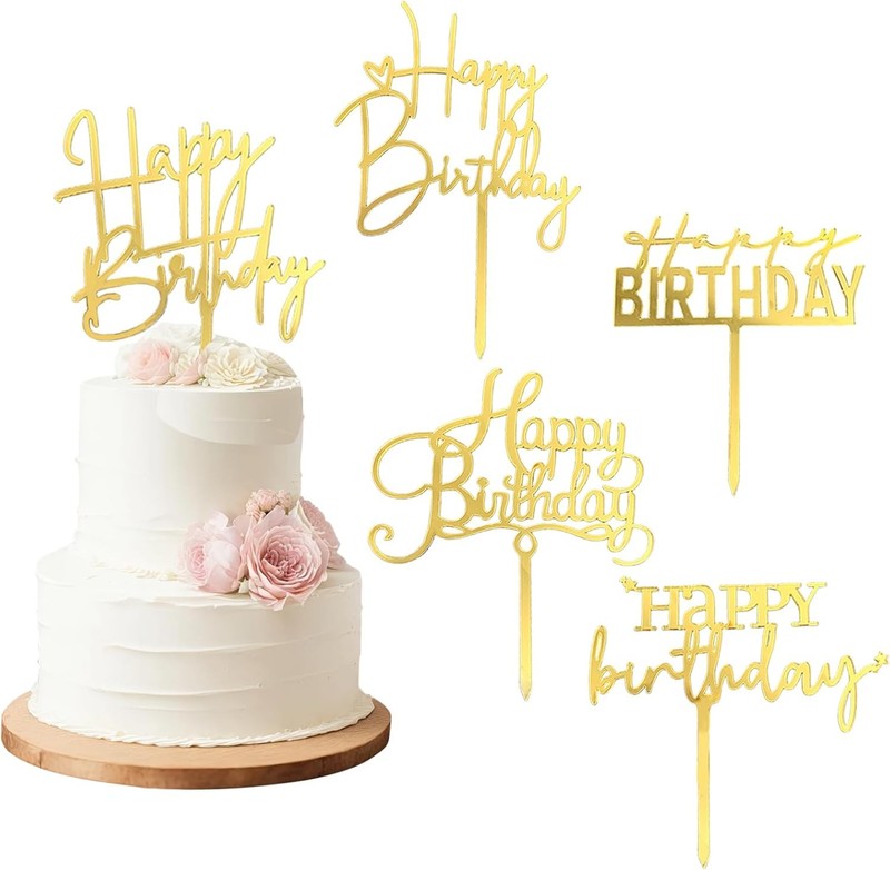 Gold Happy Birthday Cake Toppers, 5Pcs Acrylic Cupcake Toppers, Happy Birth Cake