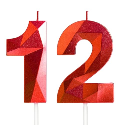 Number 12 Candles,Birthday Candles,Happy Birthday Candle for Cake,3D 12th Red