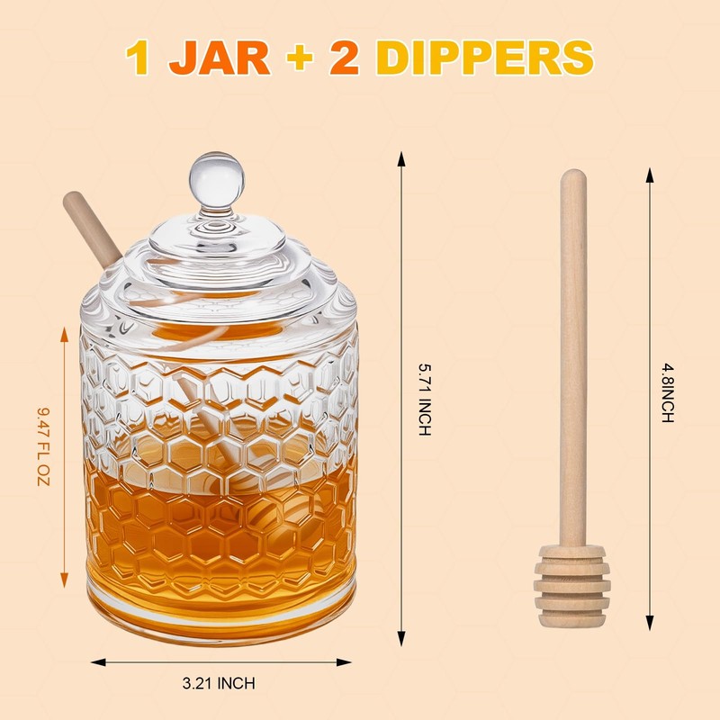 9 oz Clear Crystal Glass Honey Pot with 2 Dipper Sticks - No Drip Honey Dispe... gallery