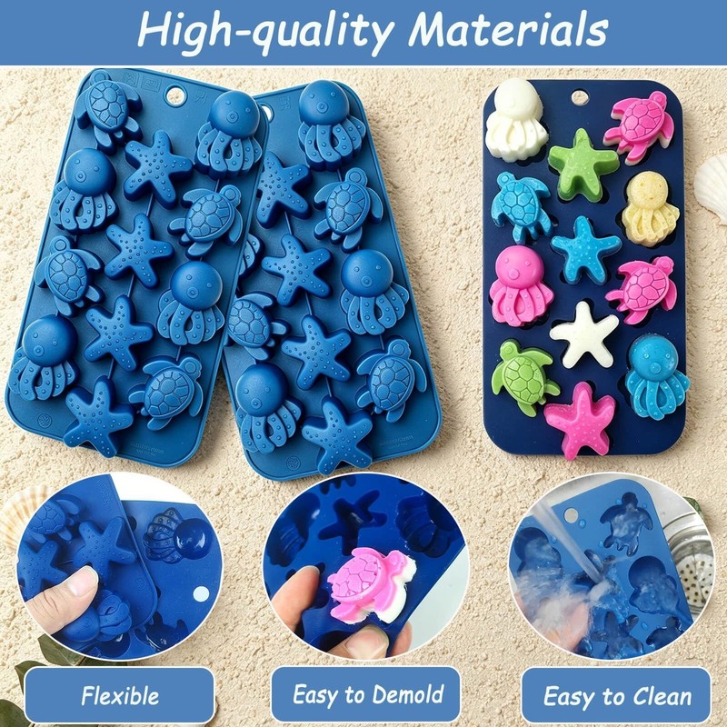 3-Piece Ocean Silicone Mold Set - 12 Cavities Sea Turtle, Starfish, Octopus - Fo gallery