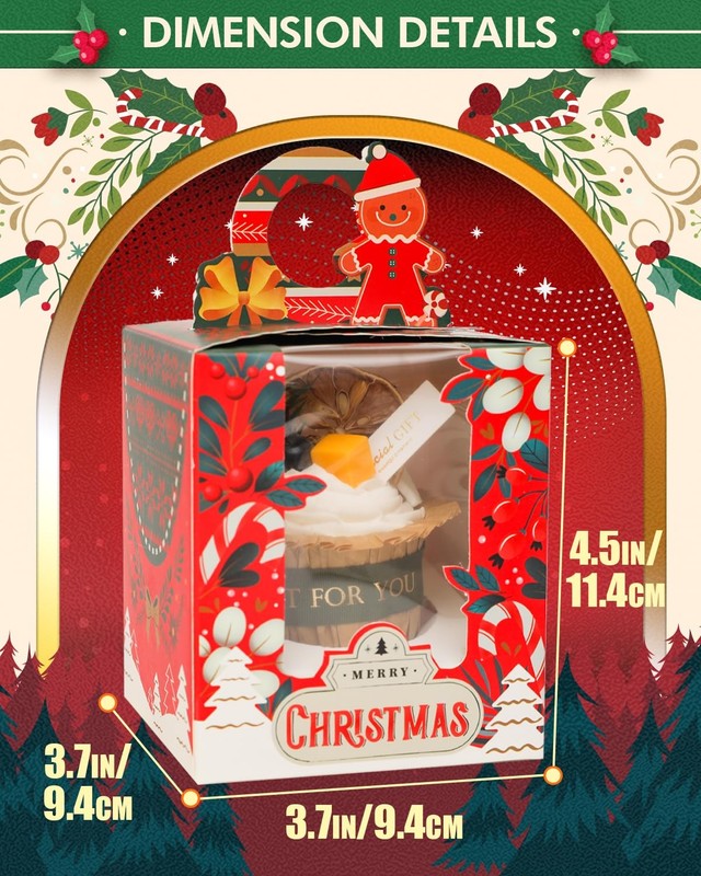 25 PCS Christmas Individual Cupcake Boxes Window 3.7x3.7x4.5 Inch Treat Box gallery