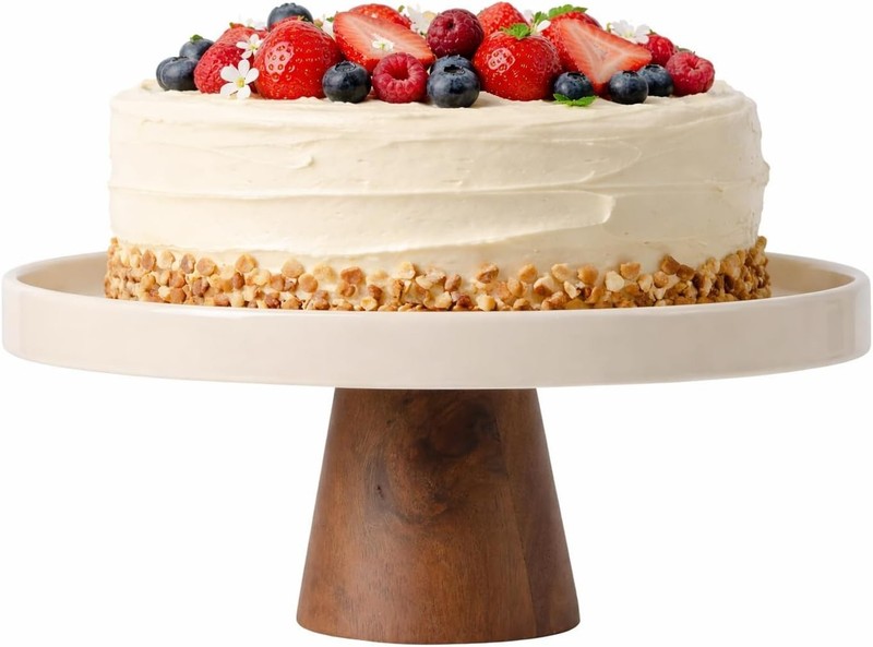 10.7-Inch Stoneware Cake Stand W/ Acacia Wood Base – Taupe Round Dessert Display