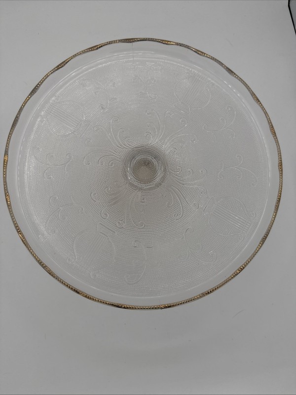 Jeanette Harp Glass Pedestal Cake Plate Stand Scalloped Edge w/Gold 10" gallery