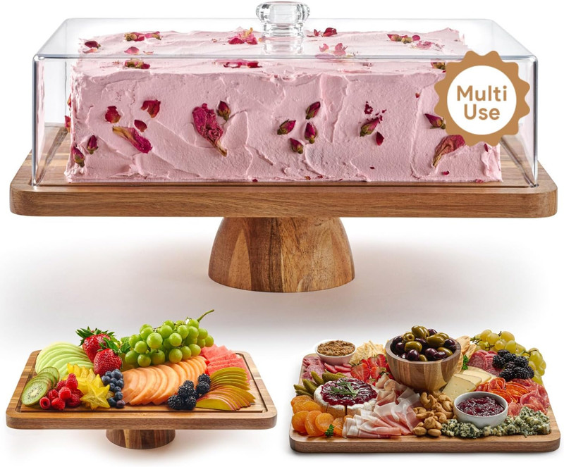Acacia Wood Cake Stand with Lid – Rectangular Cake Holder, 2-In-1 Dessert Table