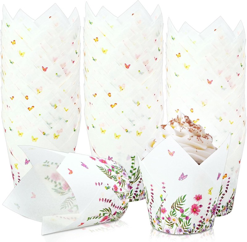 200Pcs Wildflower Tulip Cupcake Liners Muffin Baking Cups Spring Floral Cupcake