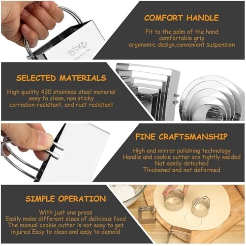 10-Piece Cookie Biscuit Cutter Set - Round & Square with Handle for Baking, Past gallery