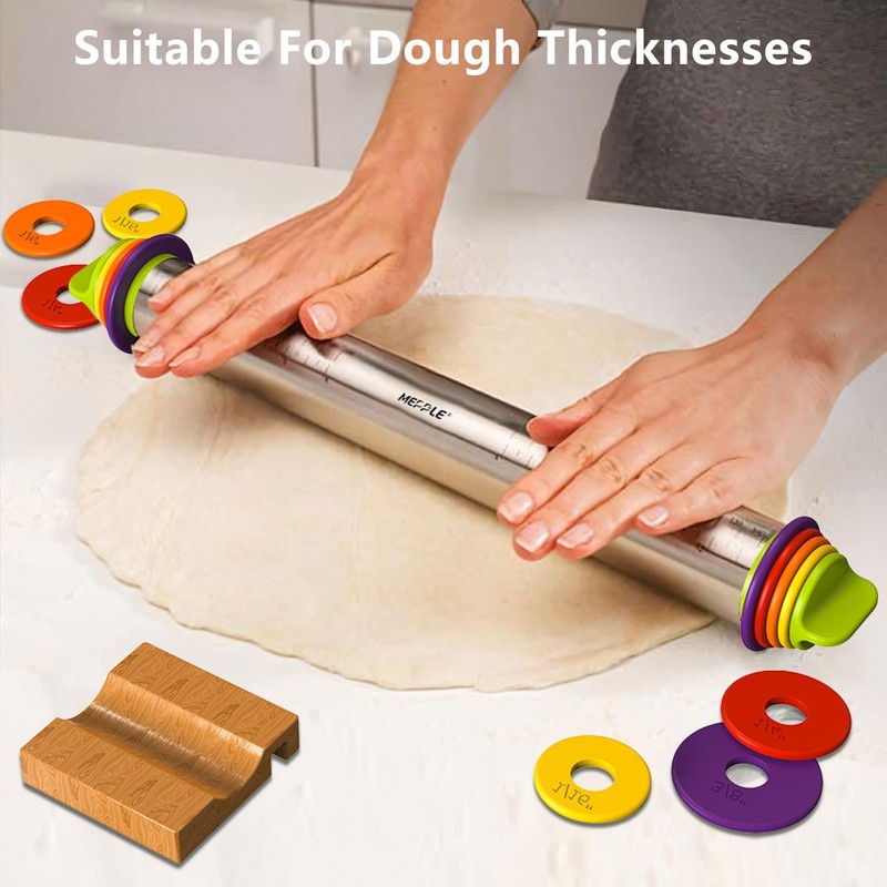 Stainless Steel Rolling Pin with Thickness Rings and Pastry Baking Mat, 13.6"... gallery