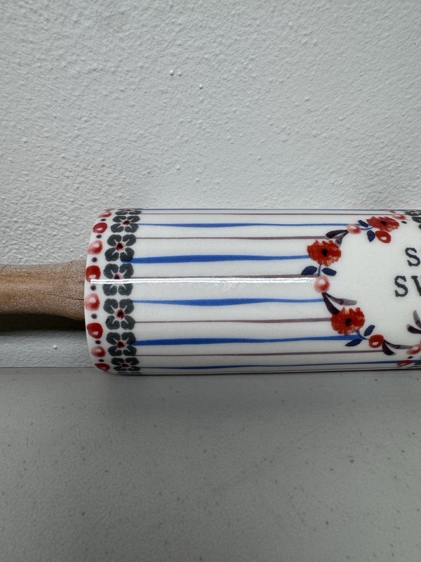 ANTHROPOLOGIE Handpainted Lucerne Rolling Pin Stay Sweet Floral White Blue gallery