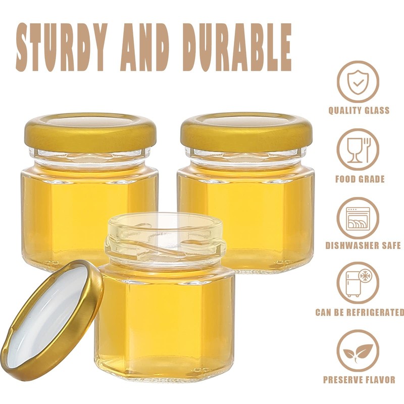 60 Pack Mini Honey Jars/Pot Metal Lids,1.5 oz Glass,Wooden Dippers,Bee Charms... gallery