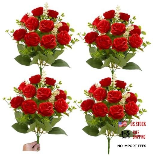 40 Heads Fake Roses Artificial Flowers for Outdoors Summer Decor, 4 Red