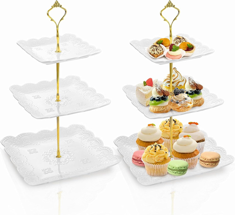 2 Pack 3-Tier White Ceramic Embossed Dessert Cake Tower Stand with Gold Carry Ha