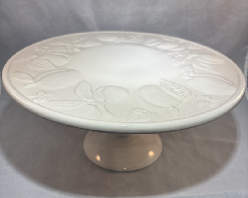 Vintage White Ceramic Cake Plate Stand 11″ Embossed Fruit Faint Pale Pink Tint