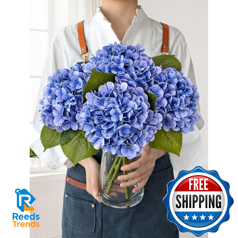 JINWOE Hydrangea Artificial Flowers Lifelike Latex Silk Faux Bouquet Royal Blue