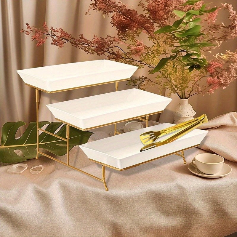 2PC 3 Tier Cake Stand Dessert Tray Set White Plates Gold Frame Foldable W Tongs gallery