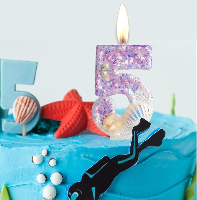 Mermaid Sequins Shell Birthday Candle, Happy 1st Birthday Candle for Girls Cake, gallery