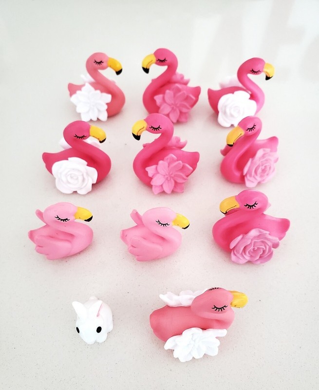 10 Pieces Miniature Cake Toppers Flamingo Figurines + Bonus Bunny
