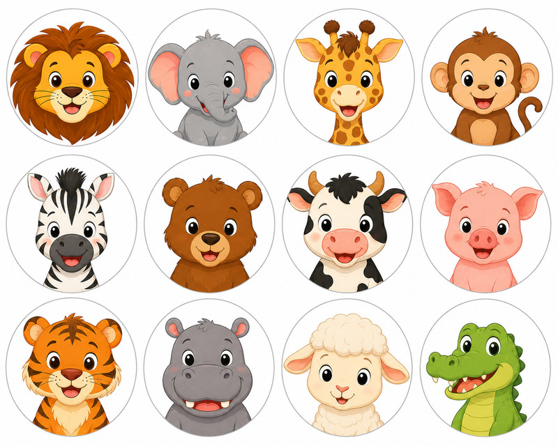 Set of 12 Animals, Edible Image rounds, Wafer paper, pre cut, choose size gallery