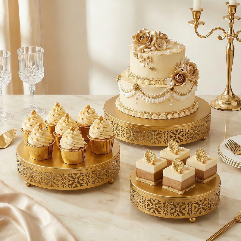 3 Pieces Golden Cake Stand Set, 8/10/12 Inch Round Metal Dessert Display Stan... gallery