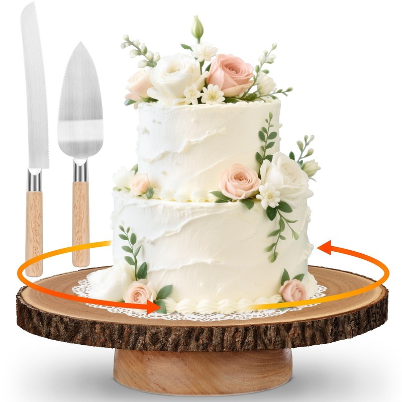 Rotating Cake Stand 12″ Wood Cake Stand with Cake Cutting Set,Rustic Wooden C…