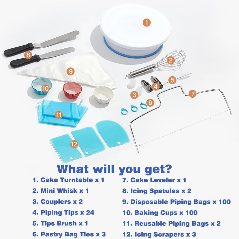 240PCS Cake Decorating Supplies Kits Cake Turntable, 100 Piping Bags 100 Disposa gallery