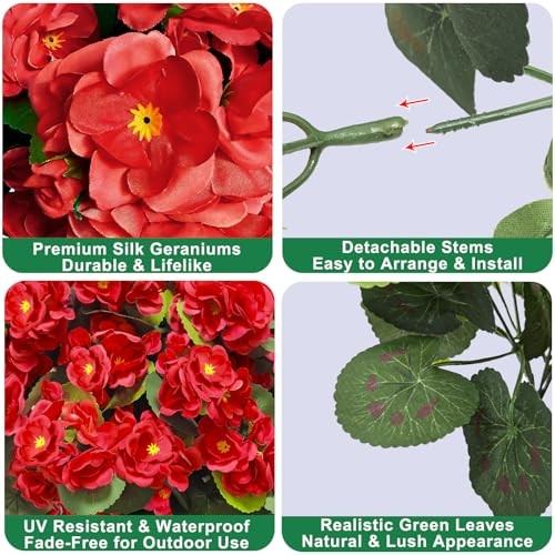 Artificial Geraniums Flowers for Outdoors Summer Decor Bundles Fake 4 Red gallery