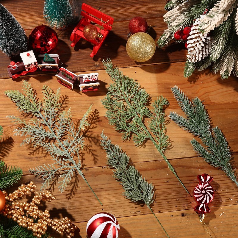 Lyrow 80 Pcs Christmas Artificial Pine 4 Styles Snowy Artificial Pine Branches gallery