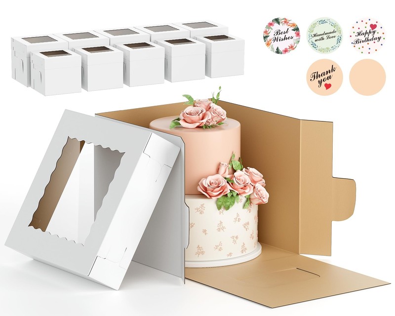 10Pcs Corrugated Cake Boxes in 2 Sizes – 12x12x12 & 10x10x10 Inch Tall Cake w…