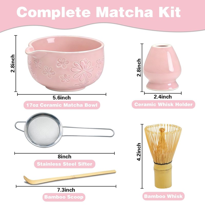 Matcha Whisk Set, Pink Ceramic Matcha Making Kit with Traditional Bamboo Whis... gallery