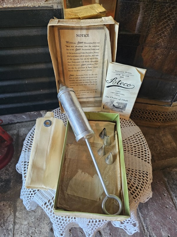 1950's Ateco Cake Decorating Set Kitchen Bakery Decor Syringe, Piping Bag & Tips gallery