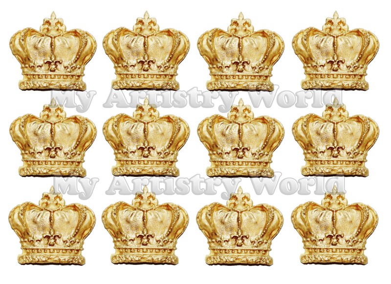 12 edible fondant gold or silver crown cupcake toppers. Any other color possible