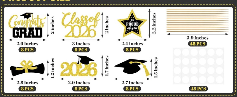 48 PCS Graduation Cupcake Toppers, 6 Styles Congrats Grad Cake Topper, Black and gallery