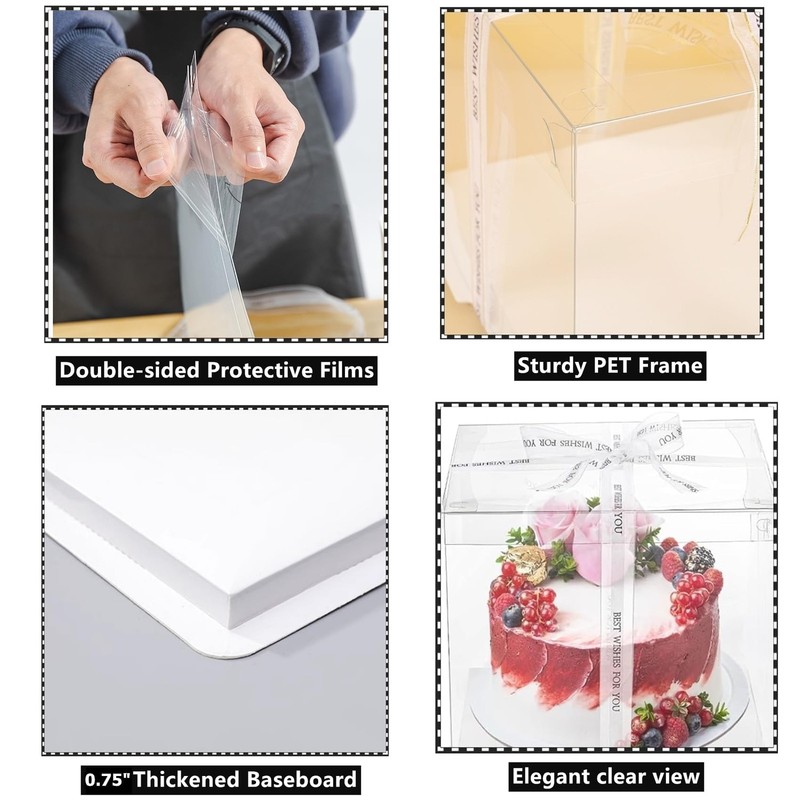 Clear Cake Box 6 Pack 10x10x9 Inch 2-Layer Tall Carrier with Ribbon gallery