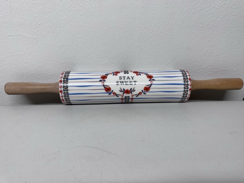 ANTHROPOLOGIE Handpainted Lucerne Rolling Pin Stay Sweet Floral White Blue gallery
