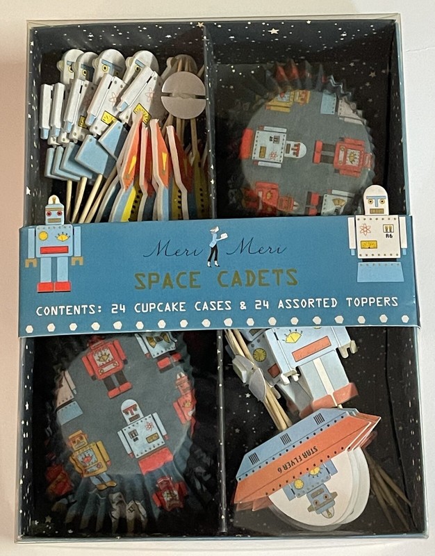 2009 Meri Meri Space Cadets Cupcake Cases & Assorted Toppers – Robots – NOS
