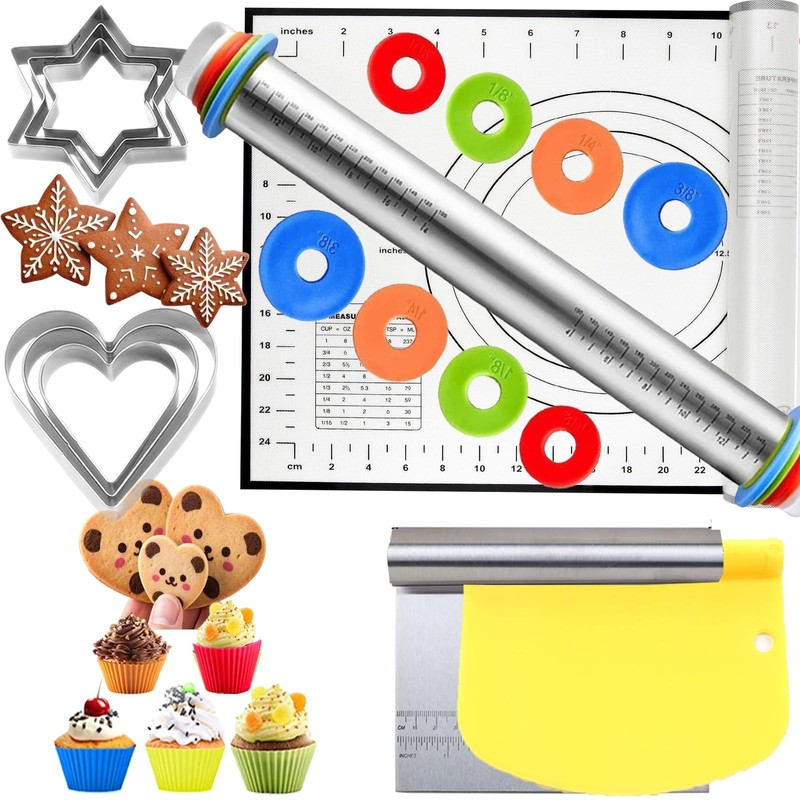 Adjustable Rolling Pin 19 Set and Silicone Baking Pastry Mat Set,Thickness Ri…