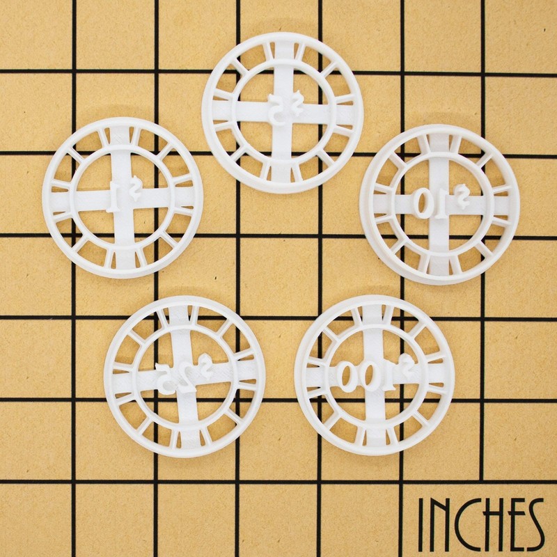 Set of 5 Poker Chip cookie cutters Designs Value 1, 5, 10, 25, and 100, 5 pie... gallery